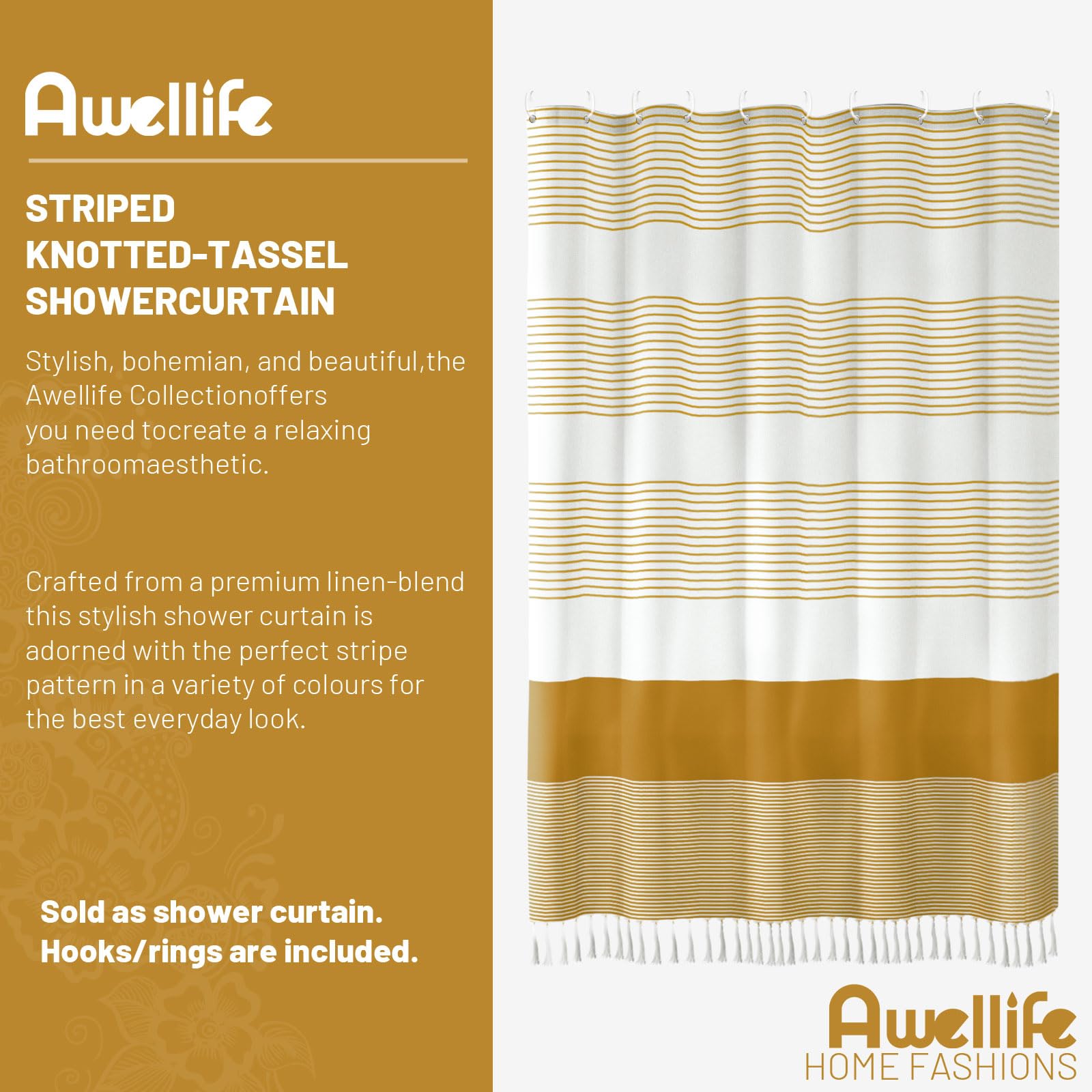 Awellife Boho Shower Curtain For Bathroom Farmhouse Natural Linen Stripe Tassel Shower Curtain (Gold, 72' W X 72' L)